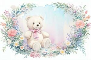 Watercolor Wedding or Birthday Greetings Card Background with Teddy Bear photo