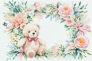 Watercolor Wedding or Birthday Greetings Card Background with Teddy Bear photo