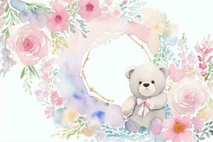 Watercolor Wedding or Birthday Greetings Card Background with Teddy Bear photo