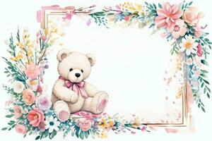 Watercolor Wedding or Birthday Greetings Card Background with Teddy Bear photo