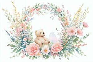 Watercolor Wedding or Birthday Greetings Card Background with Teddy Bear photo