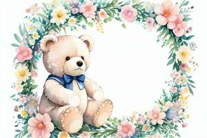 Watercolor Wedding or Birthday Greetings Card Background with Teddy Bear photo