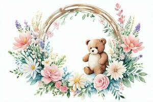 Watercolor Wedding or Birthday Greetings Card Background with Teddy Bear photo