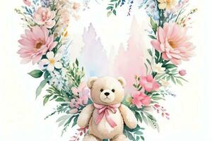 Watercolor Wedding or Birthday Greetings Card Background with Teddy Bear photo