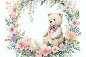 Watercolor Wedding or Birthday Greetings Card Background with Teddy Bear photo