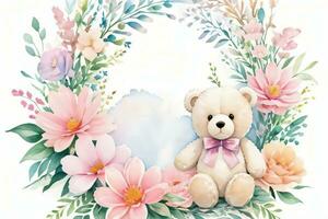 Watercolor Wedding or Birthday Greetings Card Background with Teddy Bear photo