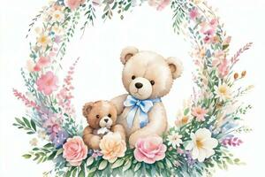 Watercolor Wedding or Birthday Greetings Card Background with Teddy Bear photo