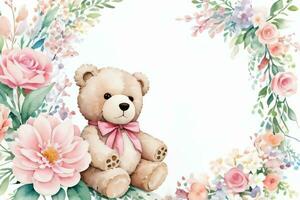 Watercolor Wedding or Birthday Greetings Card Background with Teddy Bear photo