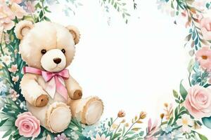 Watercolor Wedding or Birthday Greetings Card Background with Teddy Bear photo