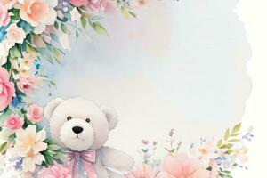 Watercolor Wedding or Birthday Greetings Card Background with Teddy Bear photo