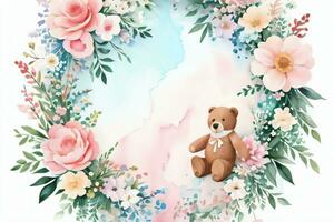 Watercolor Wedding or Birthday Greetings Card Background with Teddy Bear photo