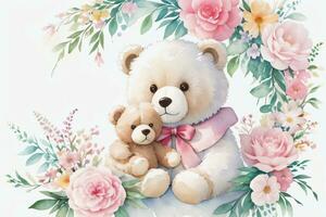 Watercolor Wedding or Birthday Greetings Card Background with Teddy Bear photo