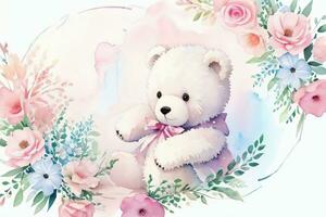 Watercolor Wedding or Birthday Greetings Card Background with Teddy Bear photo