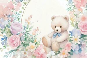 Watercolor Wedding or Birthday Greetings Card Background with Teddy Bear photo