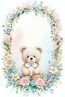 Watercolor Wedding or Birthday Greetings Card Background with Teddy Bear photo