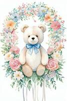 Watercolor Wedding or Birthday Greetings Card Background with Teddy Bear photo