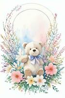 Watercolor Wedding or Birthday Greetings Card Background with Teddy Bear photo