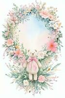 Watercolor Wedding or Birthday Greetings Card Background with Teddy Bear photo