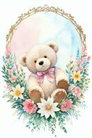 Watercolor Wedding or Birthday Greetings Card Background with Teddy Bear photo