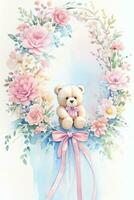 Watercolor Wedding or Birthday Greetings Card Background with Teddy Bear photo