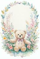 Watercolor Wedding or Birthday Greetings Card Background with Teddy Bear photo