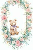 Watercolor Wedding or Birthday Greetings Card Background with Teddy Bear photo