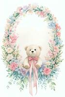 Watercolor Wedding or Birthday Greetings Card Background with Teddy Bear photo