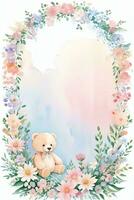 Watercolor Wedding or Birthday Greetings Card Background with Teddy Bear photo