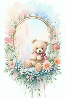 Watercolor Wedding or Birthday Greetings Card Background with Teddy Bear photo