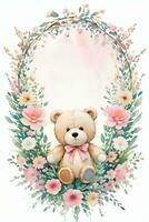 Watercolor Wedding or Birthday Greetings Card Background with Teddy Bear photo