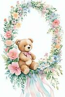 Watercolor Wedding or Birthday Greetings Card Background with Teddy Bear photo