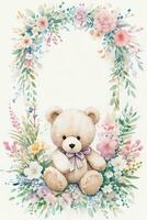 Watercolor Wedding or Birthday Greetings Card Background with Teddy Bear photo