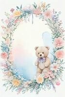 Watercolor Wedding or Birthday Greetings Card Background with Teddy Bear photo