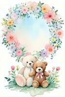 Watercolor Wedding or Birthday Greetings Card Background with Teddy Bear photo