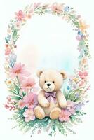 Watercolor Wedding or Birthday Greetings Card Background with Teddy Bear photo