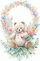 Watercolor Wedding or Birthday Greetings Card Background with Teddy Bear photo