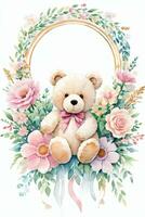 Watercolor Wedding or Birthday Greetings Card Background with Teddy Bear photo