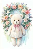 Watercolor Wedding or Birthday Greetings Card Background with Teddy Bear photo