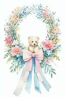 Watercolor Wedding or Birthday Greetings Card Background with Teddy Bear photo