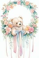 Watercolor Wedding or Birthday Greetings Card Background with Teddy Bear photo