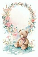 Watercolor Wedding or Birthday Greetings Card Background with Teddy Bear photo