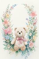 Watercolor Wedding or Birthday Greetings Card Background with Teddy Bear photo