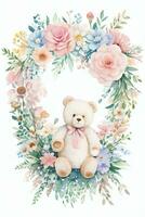 Watercolor Wedding or Birthday Greetings Card Background with Teddy Bear photo