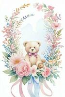 Watercolor Wedding or Birthday Greetings Card Background with Teddy Bear photo