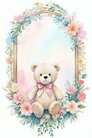 Watercolor Wedding or Birthday Greetings Card Background with Teddy Bear photo