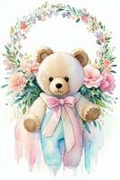 Watercolor Wedding or Birthday Greetings Card Background with Teddy Bear photo