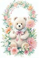 Watercolor Wedding or Birthday Greetings Card Background with Teddy Bear photo