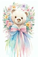 Watercolor Wedding or Birthday Greetings Card Background with Teddy Bear photo