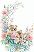 Watercolor Wedding or Birthday Greetings Card Background with Teddy Bear photo