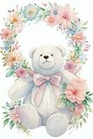 Watercolor Wedding or Birthday Greetings Card Background with Teddy Bear photo